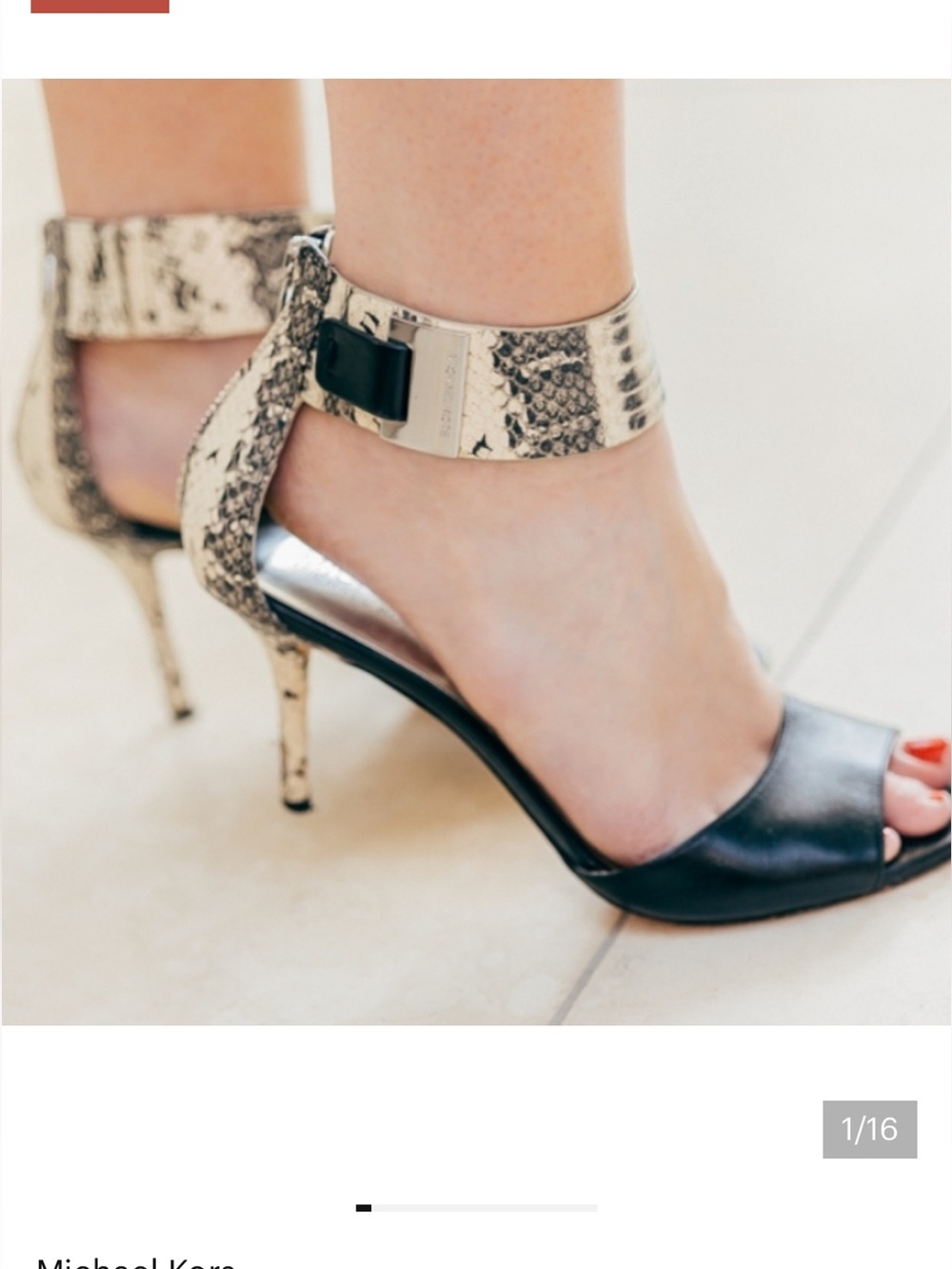 Michael Kors Black Leather Guiliana Open-Toe Snake-Print Ankle Strap, size 7